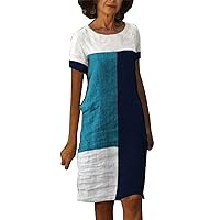 Women Summer Linen Dress Half Sleeve O Neck Shift Dress Floral Print Knee Length Sundresses Midi Casual Dresses Pockets