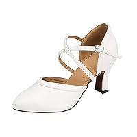 Women's Glitter Sequin Criss Cross Strap Closed-Toe Buckle Ballroom Latin Dance Shoes Ladies White Dance Shoes with Heel
