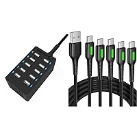 SABRENT 60 Watt (12 Amp) 10 Port [UL Certified] Family Sized Desktop USB Rapid Charger. [Black] & INIU USB C Cable, [5 Pack 3.1A] QC 3.0 Fast Charging USB Type C Cable, (3.3+3.3+6+6+10ft)