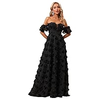 Summer Dresses for Women 2023 Off Shoulder Butterfly Sleeve Applique Prom Dress (Color : Black, Size : X-Large)