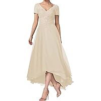 Women's Lace Applique Mother of The Bride Dress Chiffon V Neck A-line Evening Gowns for Wedding Guest Dresses