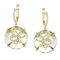 Gold Dangle Earrings, 14k Yellow Gold, Natural Green Amethyst and Diamond 21.5 Ct H/SI 1.3