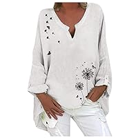 Women Summer Cotton Linen T Shirts V Neck Blouse Loose Floral Print Baggy Tops Plus Size