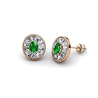 Oval Cut Green Garnet & Baguette Natural Diamond 1.24 ctw Women Milgrain Halo Stud Earrings 14K Gold