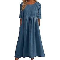 EFOFEI Women's Plus Size Casual Loose Dresses Short Sleeve Round Neck Maxi Dress Swing Cotton Linen Dresses