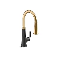 Kohler 23764-BMB Tone, Kitchen Sink Faucets with Pull Down Sprayer, Matte Black with Moderne Brass