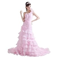 Pink One Shoulder Layered Mermaid Wedding Dress With Flowers On Bottom