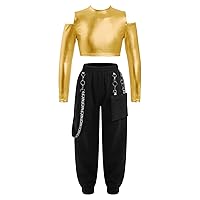FEESHOW Kids 2Pcs Sports Dance Tracksuit Girls Metallic Long Sleeve Crop Top with Jogger Sweatpants Outfits