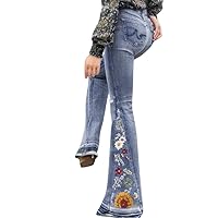 Bell Bottom Jeans for Women Flared Floral Embroidered Jean Mid Rise Vintage Wide Leg Denim Pants