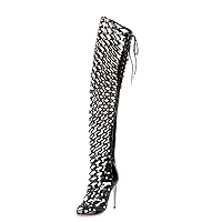 Frankie Hsu Sexy Stiletto Rivets Over The Knee Boots, Classic Black Lace Stockings Gladiator Thigh High Style, Big Size Fashion Cool Goth Heeled Long Tall Shoes For Women Men