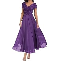 Tea Length Mother of The Bride Dresses for Women Floral Lace A-Line Purple Party Dress with Short Sleeves, US 14