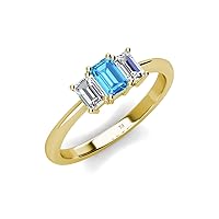 Emerald Cut (6x4 mm) Blue Topaz and Lab Grown Diamond 1 1/3 ctw Three Stone Engagement Ring 14K Gold