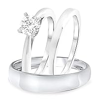 1 1/7 Ct Round Cut D/VVS1 Diamond His & Her Wedding Trio Ring Set 14K White Gold Fn .925 Sterling Silver