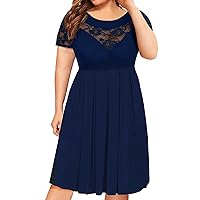 Women's Plus Size Short Sleeve Lace Midi Dress Pleated Casual Summer Flowy Dress with Pockets