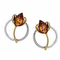 Earrings with Cognac Color Baltic Amber in Yellow Gold-plated Sterling Silver