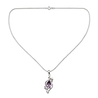 NOVICA Artisan Handmade Amethyst Flower Necklace .925 Sterling Silver Rhodium Plated Purple Pendant India Leaf Tree Birthstone 'Bengal Blossom'