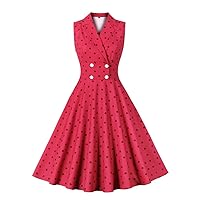 Women Summer Dress Notched Collar Sleeveless Double-Breasted Polka Dot Print Vintage Midi Dresses