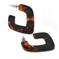 Trendy Tortoise Shell Effect Brown/Black Acrylic/Plastic/Resin Square Hoop Earrings - 38mm L