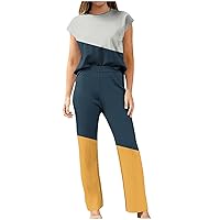 2 Piece Outfits for Women's Fashion Lounge Suits Cap Sleeve Crew Neck Tops Solid Straight Long Trousers Colorblock Sets