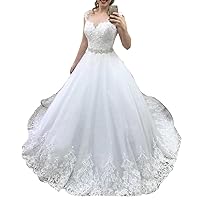 Women's Sequins Church Lace Bridal Ball Gowns with Train Long Wedding Dresses for Bride Plus Size