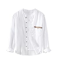 Chinese Style Shirt for Men, Mandarin Collar Linen Long Sleeve, Loose Casual Shirt with Wooden Buttons