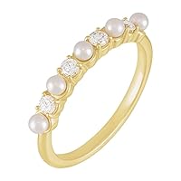 Anniversary Band Ring 14k Yellow Gold Cultured White Seed Pearl Round 2.5mm Natural Diamond Polished Jewelry Gifts for Women