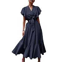 Women's Solid Color V-Neck High Waist Tie Dress Mid-Length Swing Ruffle Elegant Party Dress