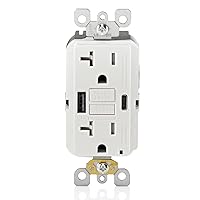 Leviton GUAC2-W 20A SmartlockPro Self-Test GFCI Combination with Type A & Type-C USB In-Wall, USB Charger for Smartphones and Tablets