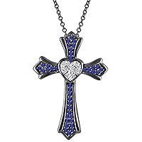Created Heart Cut Blue Sapphire 925 Sterling Silver 14K Gold Over Diamond Heart Cross Pendant Necklace for Women's & Girl's