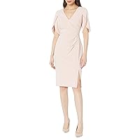 Adrianna Papell Stretch Crepe Side Ruched Dress with Pearl Trim Sleeve Detail