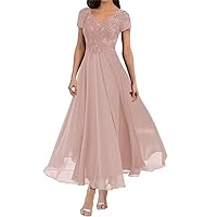 Floral Lace Tea Length Mother Groom Dress with Sleeves Chiffon Rose Cocktail Dresses for Women 2023, US 6