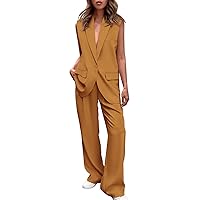 Womens Sleeveless Blazer Suits Summer 2 Piece Outfits Loose Lapel Button Up Blazer and Work Pants Office Dressy Sets