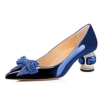 FSJ Women Pointed Toe Crystal Pump Rhinestone Bow Block Low Heel Slip On Comfy Date Party Dance Shoes Size 4-15 US