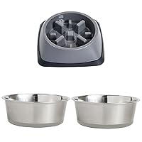 Gorilla Grip Slow Feeder Cat and Dog Bowl and Stainless Steel Metal Dog Bowl Set of 2, 2 Cup Slow Feeding Bowl Prevents Overeating, 2 Cup Heavy Duty Stainless Steel Bowls, Both Gray, 2 Item Bundle
