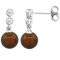 14k White Gold 0.22ct Diamond and Freshwater Pearl Dangle Earrings Assorted Colors Round 8mm