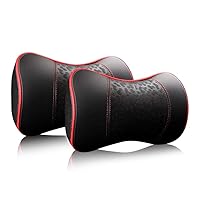 Car Leather Neck Pillows, Neck Rest Cushions,100% Memory Foam Cervical Support, Comfortable Travel car Seats and Home Office Soft Pillows, Red a Set (2 pcs)