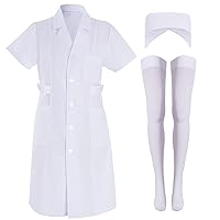 3pcs Nurse Costume for Women White Short Sleeve White Lab Coat Doctor Costume Halloween Nurse Dress Outfit