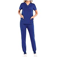 Multiple Pockets Scrubs Set Women Nurse Uniform 2Pieces Outfit Solid Short Sleeve V-Neck Scrub_ Tops & Jogger Pants