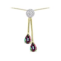 Solid 14k Gold Double Drop Pear Shape Ball Bar Pendant Necklace