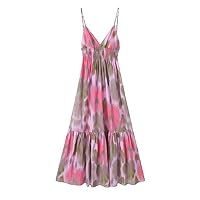 Tie Dyed Pleated Camisole Vneck Sleeveless Lace Dresses Summer Elegant Vacation