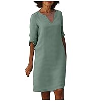 Women's Boho Clothes Retro Solid Color Cotton Linen V-Neck Half Sleeve Dress Light Breathable Dresses 2023