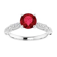 Round Cut 1 CT Victorian Engagement Ring 925 Silver/10K/14K/18K Solid Gold Vintage Red Ruby Diamond Ring Art Deco Chatham Ring Milgrain Beads Ruby Ring