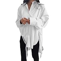 Trendy Summer Shirt for Women 2024,Button Down Shirt,Long Sleeve Classic Fit Asymmetrical Casual Lace Up Oversized Tunic Top
