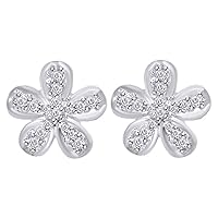 Round Shape White Natural Diamond Accent Flower Stud Earrings 10K White Gold