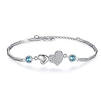 S925 Sterling Silver Heart to Heart Cubic Zirconia Bracelet Fashion Austrian Crystal Adjustable Bracelet Jewelry Gifts for Women,Metallic