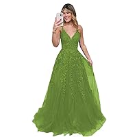 Sparkly Tulle Prom Dress for Women V-Neck Laces Appliques Formal Dresses Spaghetti Straps Evening Party Gowns