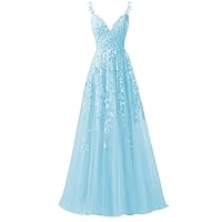 Chic Tulle Appliques Prom Dresses Long Ball Gown V Neck Lace Formal Dress for Women Wedding Gowns