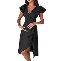 Dresses for Women 2024 Work, Women's Solid V Neck Waistband Ruffle Sleeves Irregular Dress Medieval, S XXL