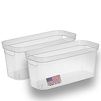 Modern Narrow Organizer Storage Bin, Clear Plastic Household Storage Container for Kitchen Pantry storage, Under Sink Bin, Bathroom/Laundry Room - Made In USA - 2 Pack (Narrow - 15” X 6” X 5”)