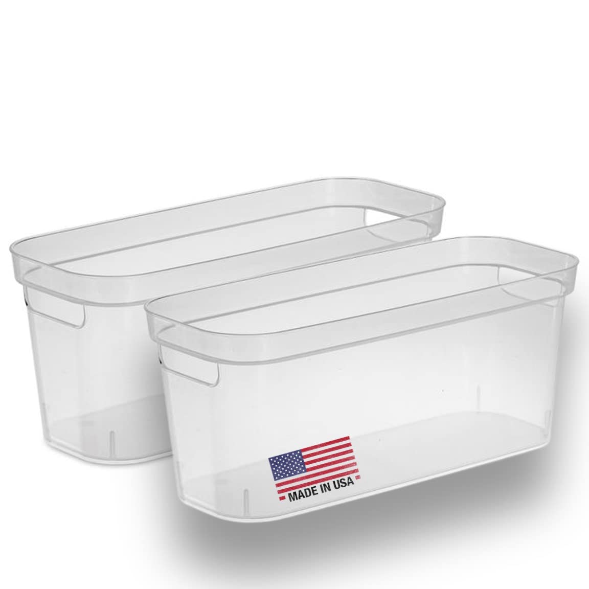 Modern Narrow Organizer Storage Bin, Clear Plastic Household Storage Container for Kitchen Pantry storage, Under Sink Bin, Bathroom/Laundry Room - Made In USA - 2 Pack (Narrow - 15” X 6” X 5”)